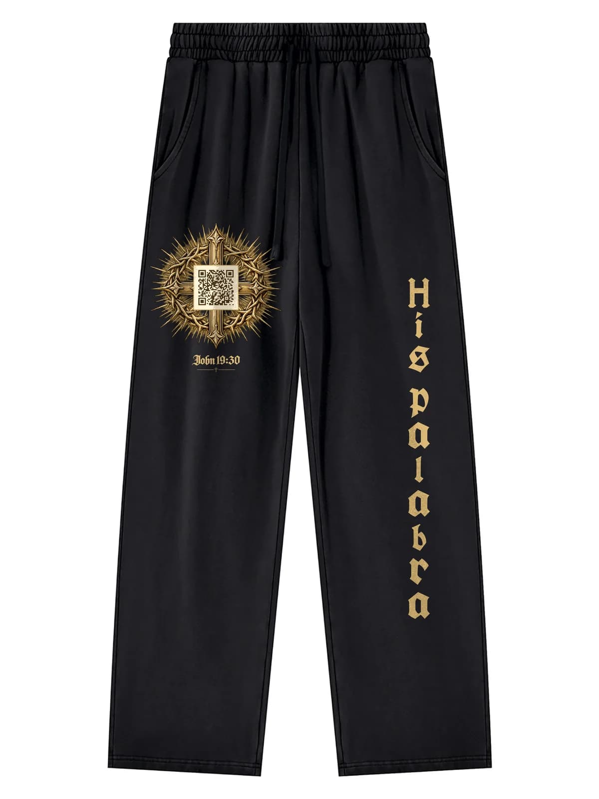 Maná District It Is Finished Sweatpants in Black, front with His Palabra lettering down the leg and the gold crest on the thigh