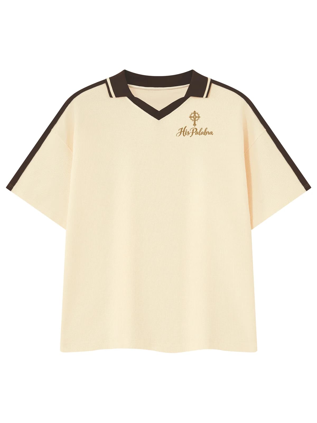 Maná District Overflow Polo in Apricot with brown trim, front